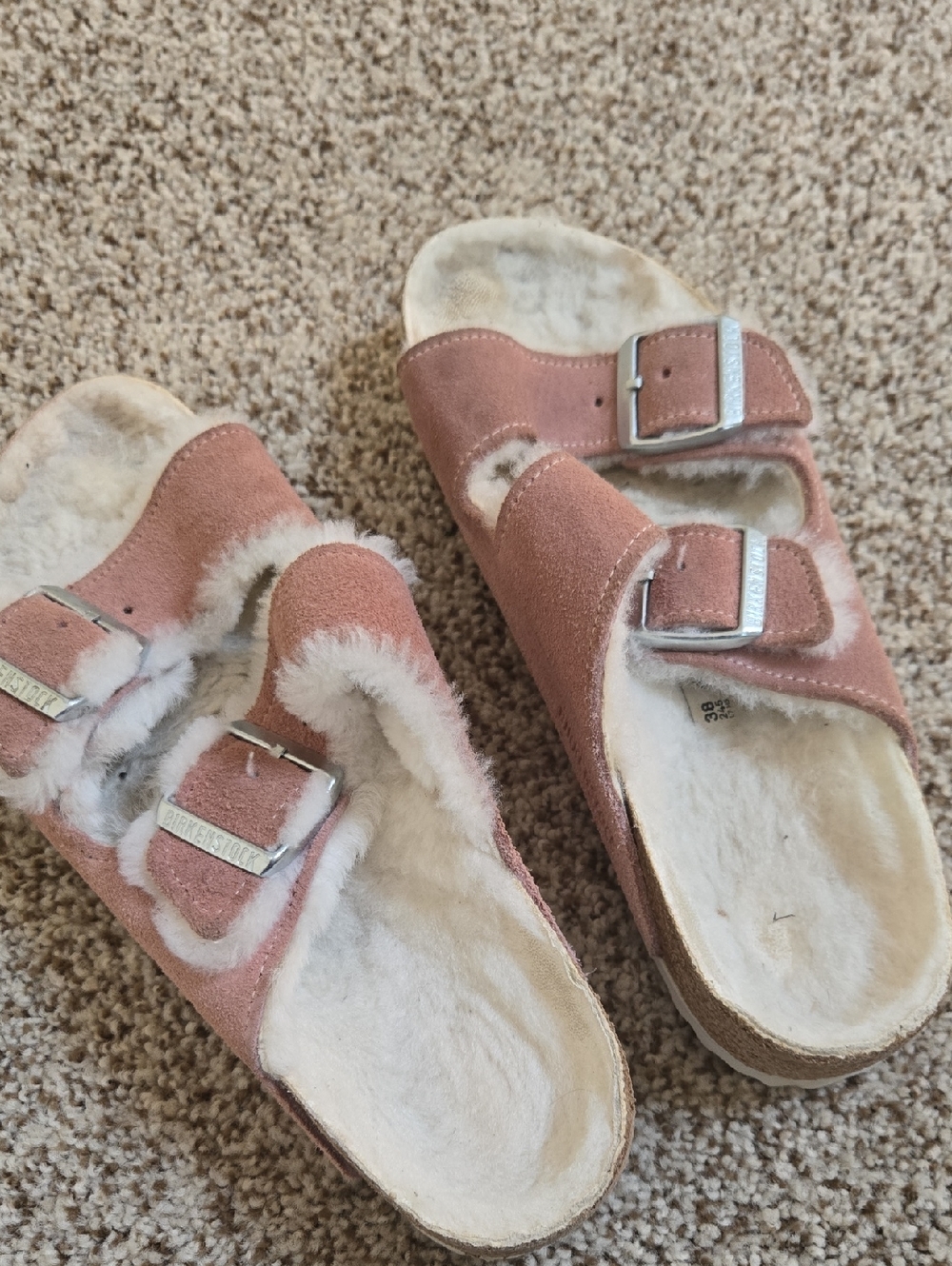 Birkenstock Shearling-Lined Double Buckle Slides in Dusty Pink